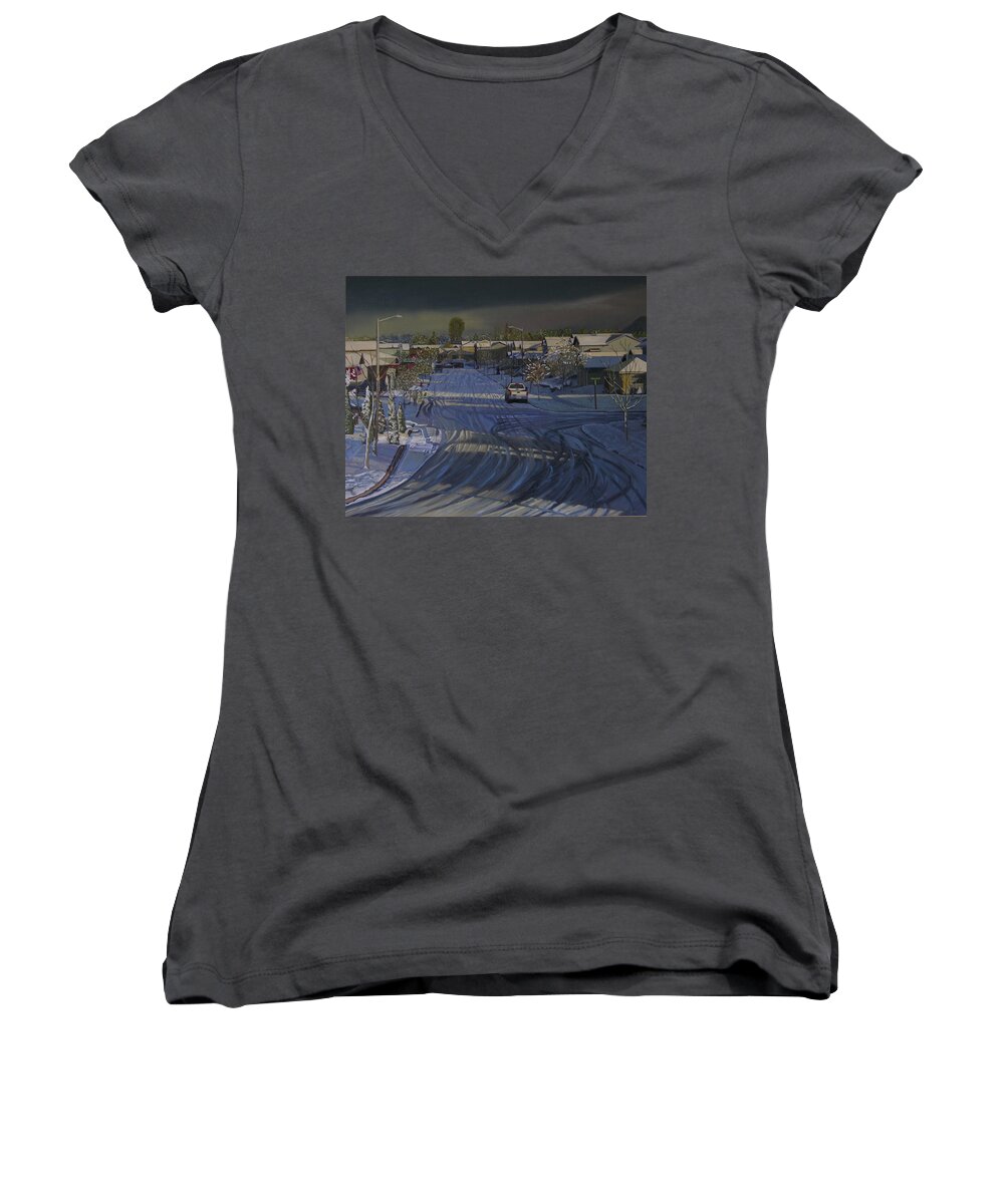 Winter Landscape Women's V-Neck featuring the painting Late Afternoon Sun by Thu Nguyen