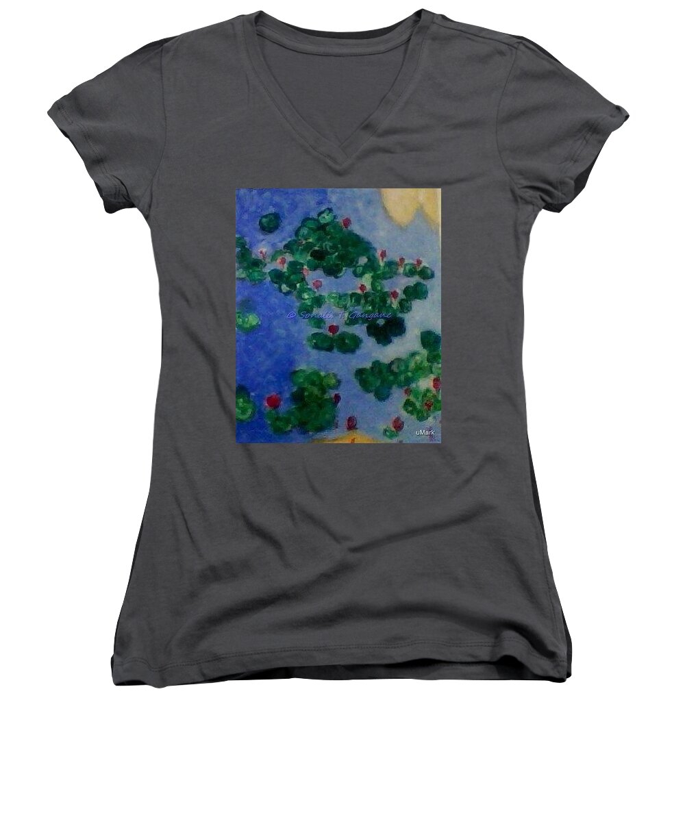 Lilies Floating In Blue Waters Women's V-Neck featuring the painting Lily pond by Sonali Gangane