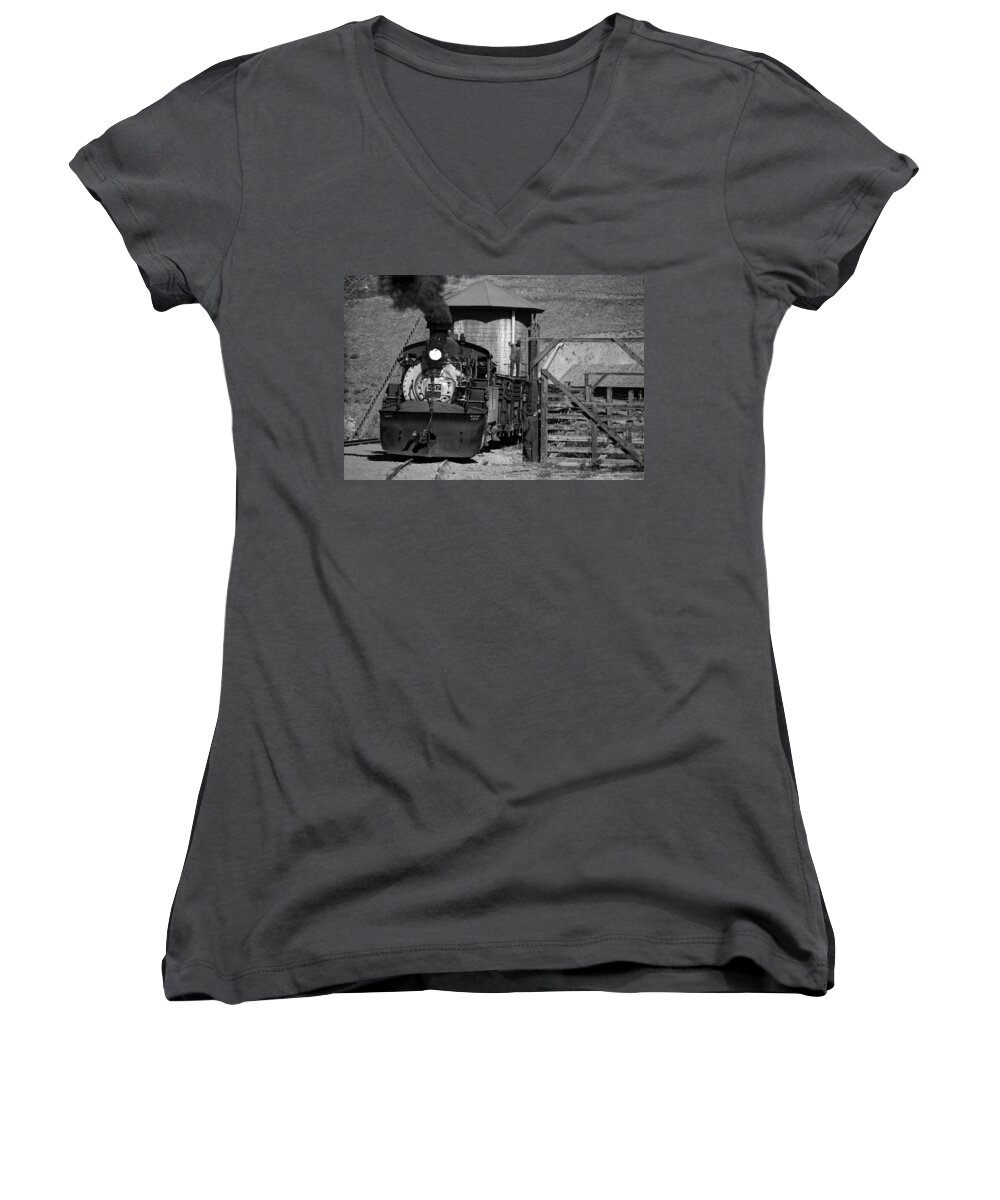 Steam Train Photographs Women's V-Neck featuring the photograph Line Em Up Black and White by Ken Smith