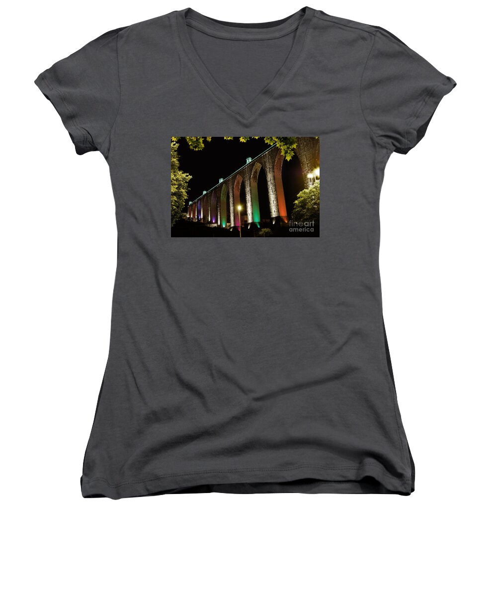 Portugal Women's V-Neck featuring the photograph Lisbon historic aqueduct by night by Carlos Alkmin