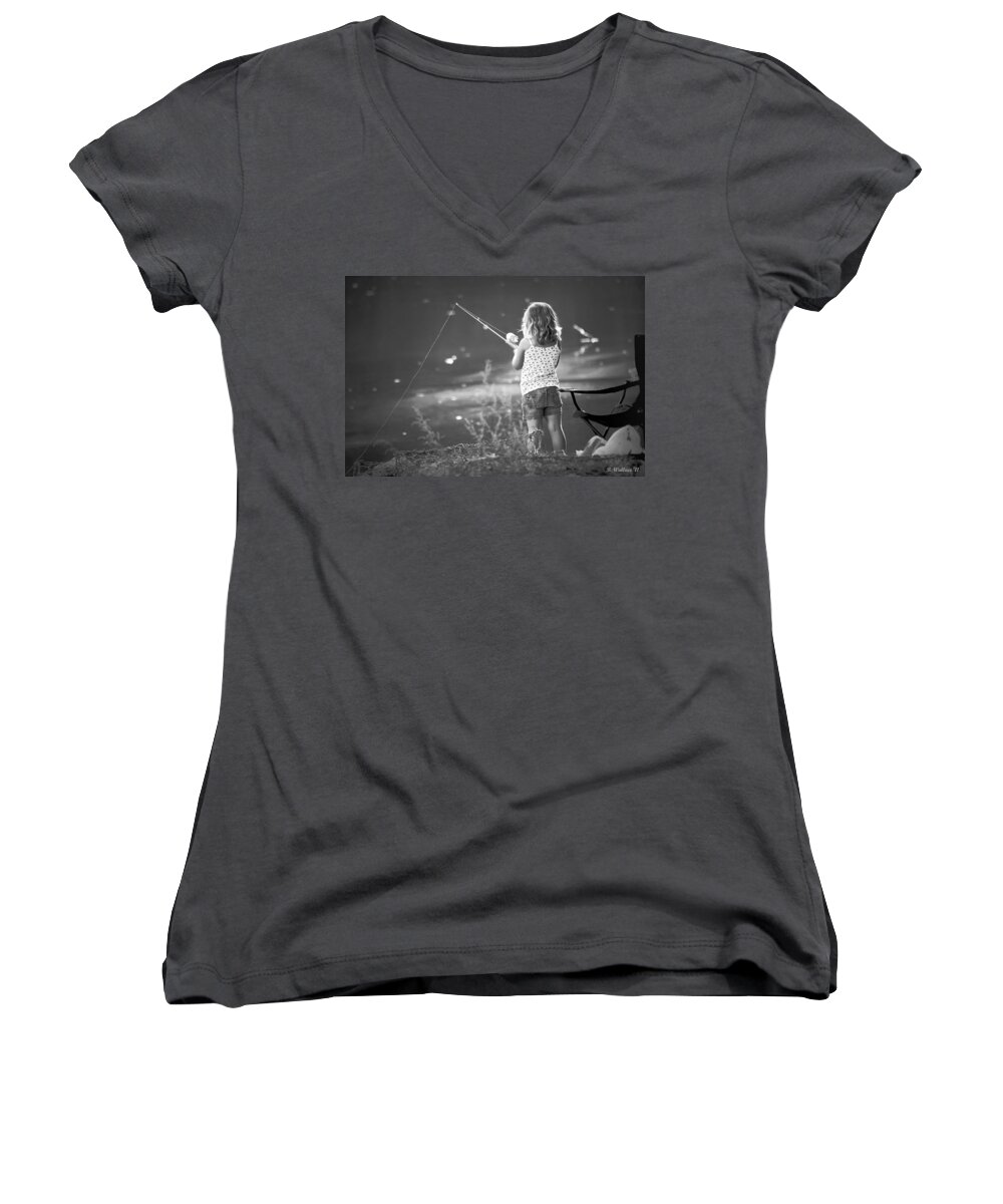 2d Women's V-Neck featuring the photograph Little Fishing Girl by Brian Wallace