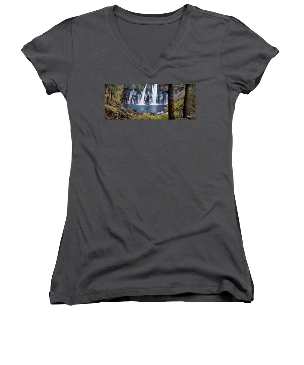 Waterfall Women's V-Neck featuring the photograph MacArthur-Burney Falls Panorama by Greg Nyquist