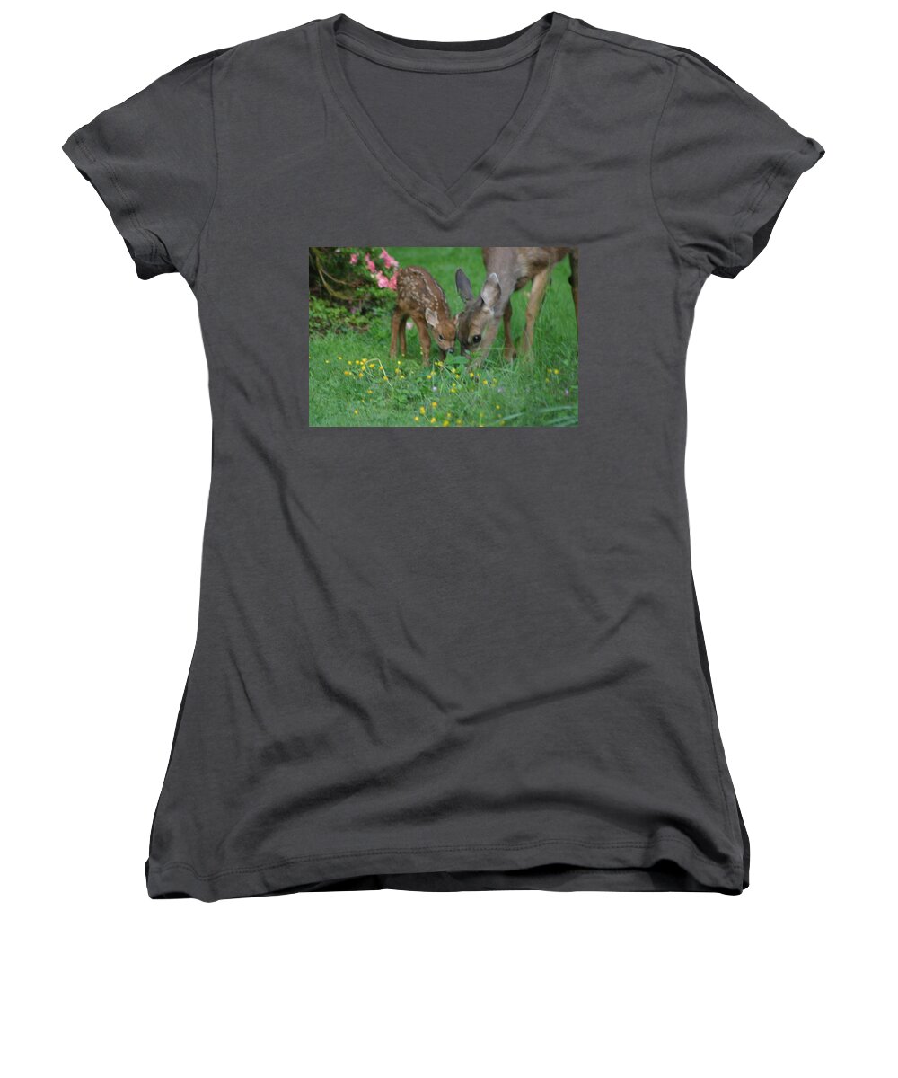 Baby Fawn Women's V-Neck featuring the photograph Mama and Spotted Baby Fawn by Kym Backland