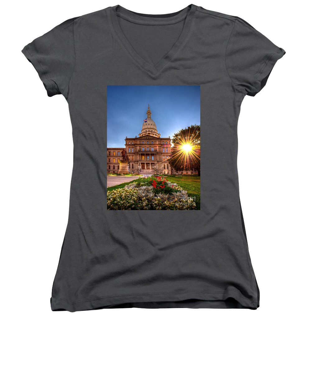Capitol Women's V-Neck featuring the photograph Michigan Capitol - HDR - 2 by Larry Carr
