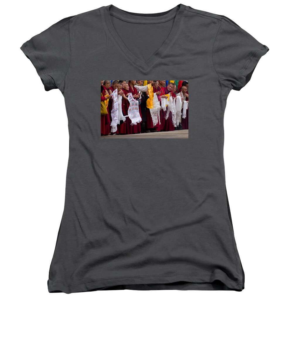 Monks Women's V-Neck featuring the photograph Monks Wait for the Dalai Lama by Don Schwartz
