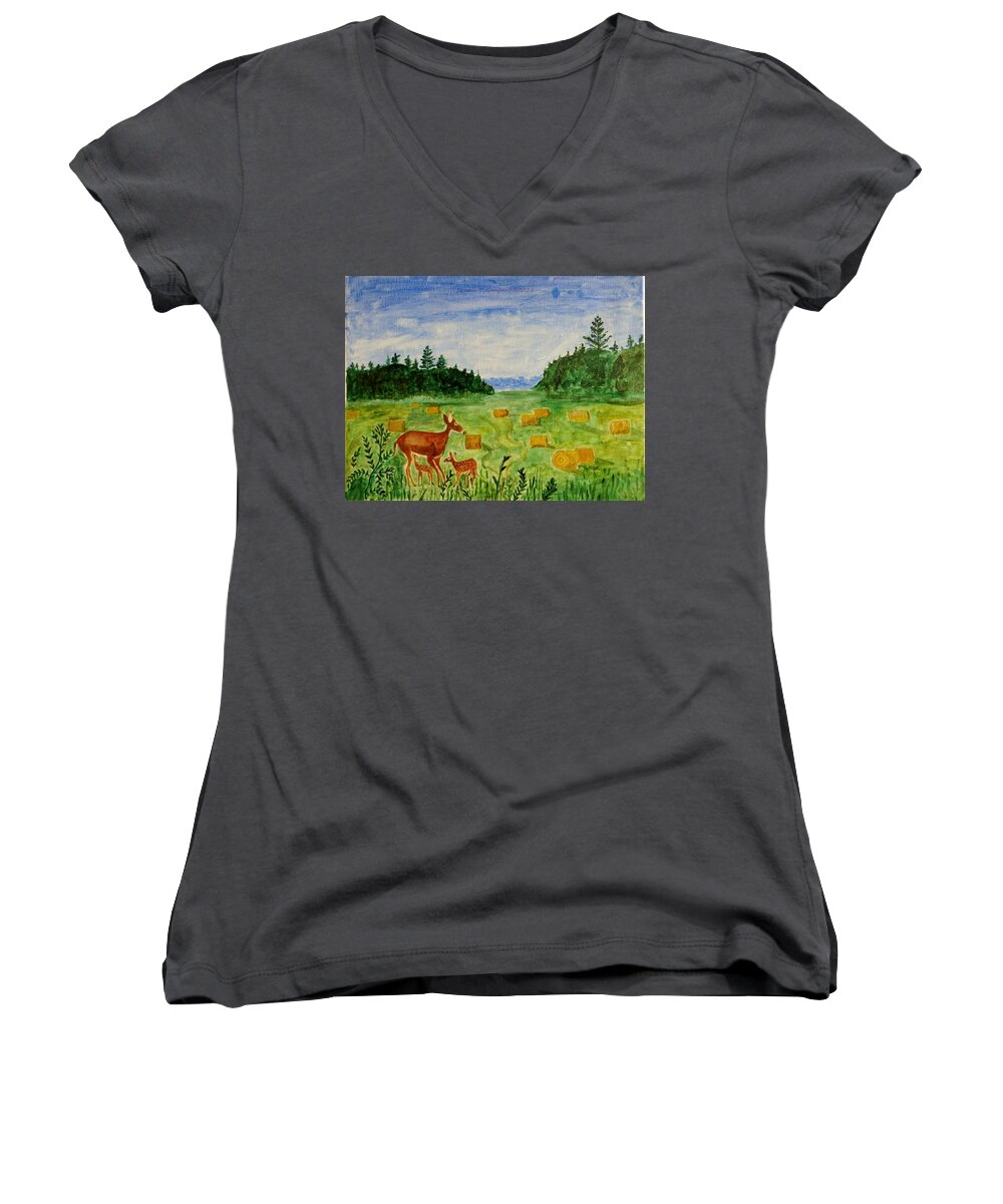 Trees Women's V-Neck featuring the painting Mother Deer and kids by Sonali Gangane