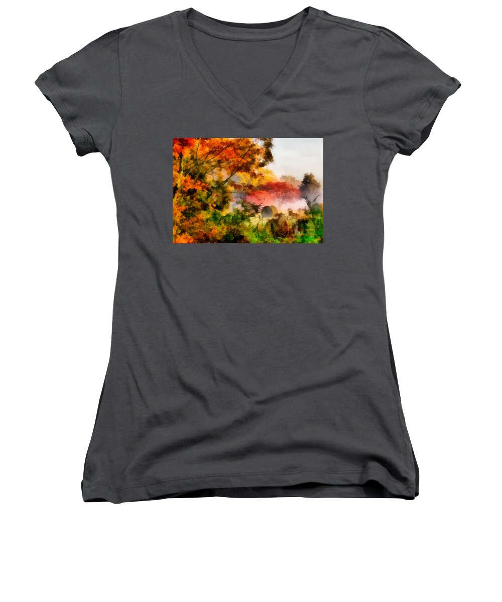 Autumn Women's V-Neck featuring the painting My Front Yard by Lynne Jenkins