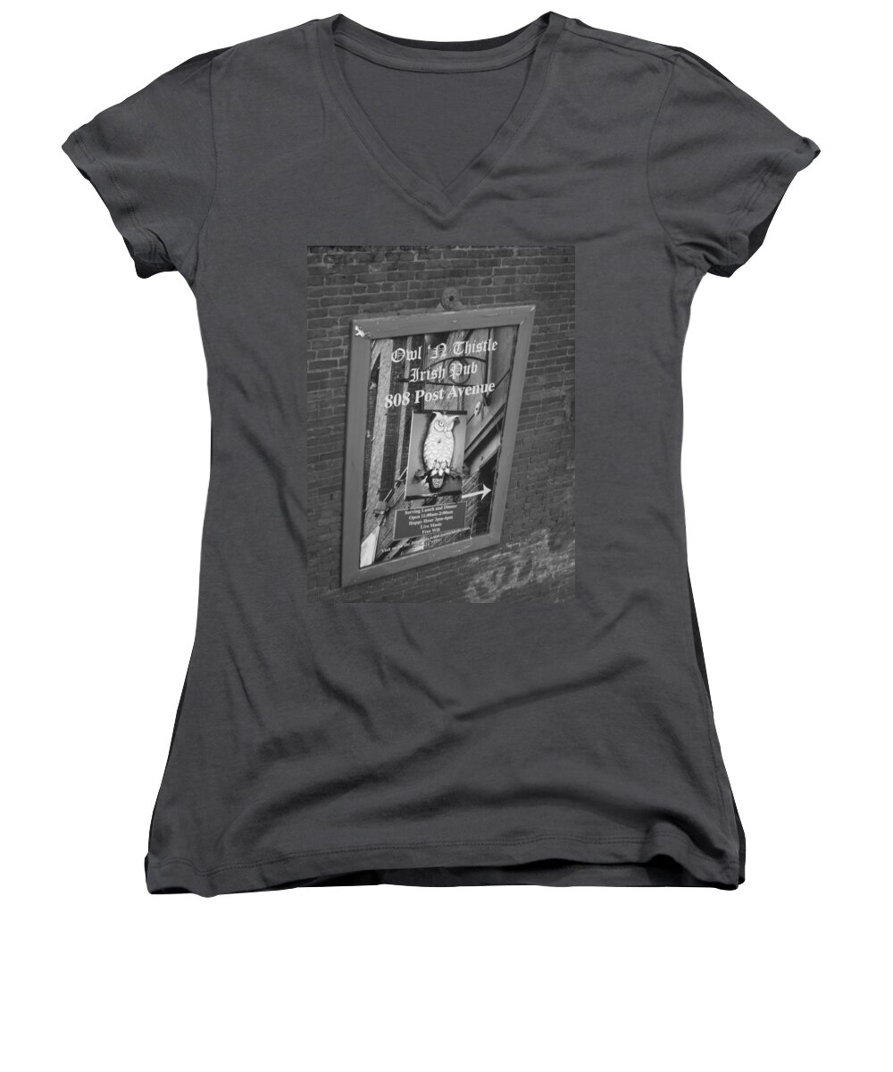 The Owl N Thistle Irish Pub Women's V-Neck featuring the photograph Owl And Thistle Irish Pub by Kym Backland