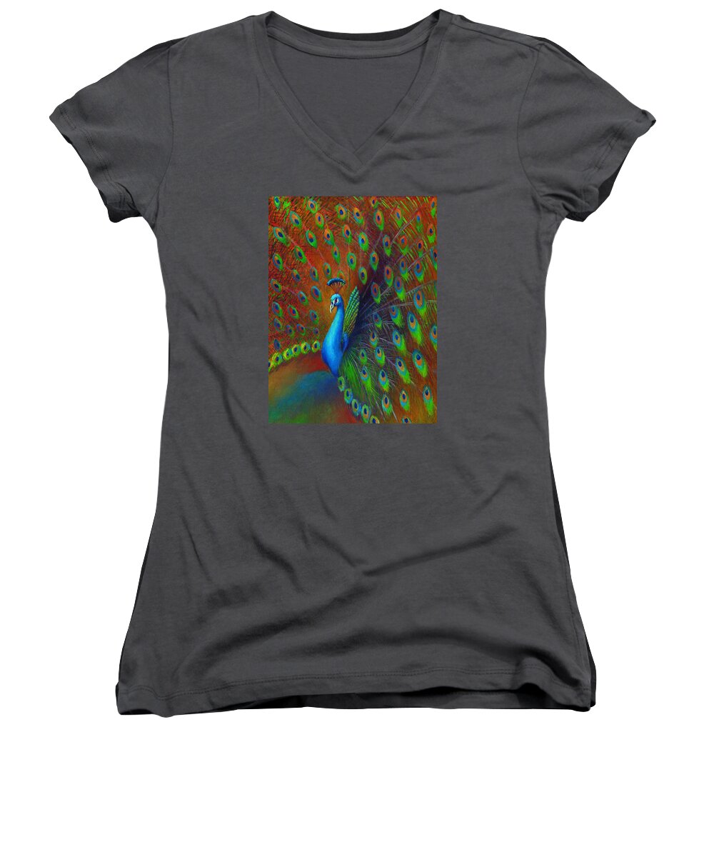 Feather Women's V-Neck featuring the painting Peacock Spread by Nancy Tilles