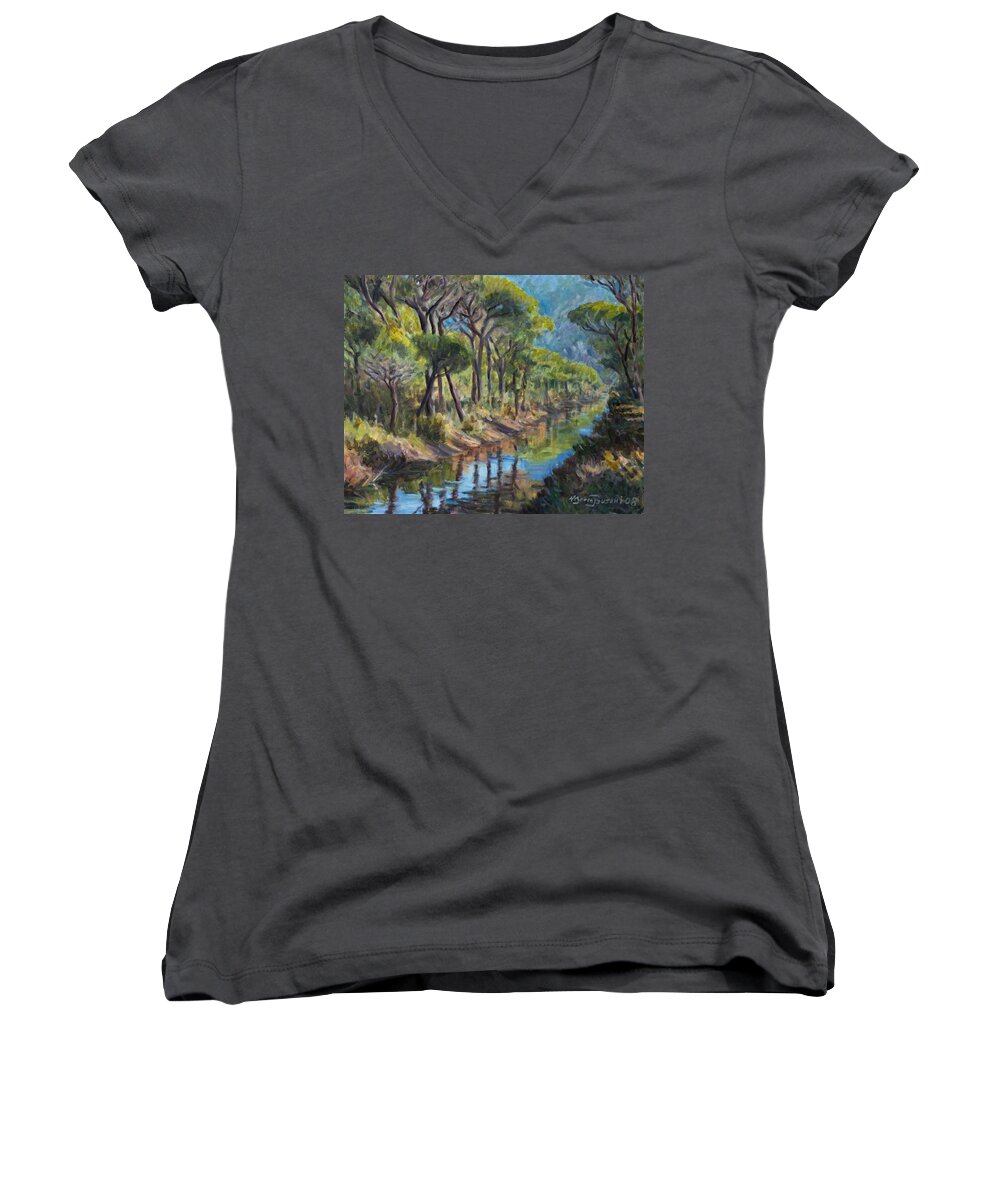 Pine Tree Mediterranean Wood Tuscany Maremma Canal Italy Women's V-Neck featuring the painting Pine Wood Reflections by Marco Busoni