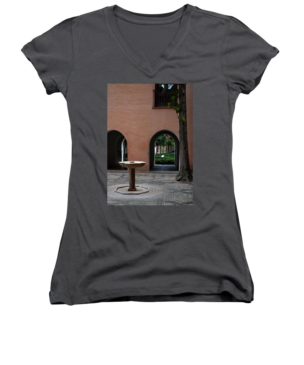 Granada Women's V-Neck featuring the photograph Pink Wall and Fountain by Lorraine Devon Wilke