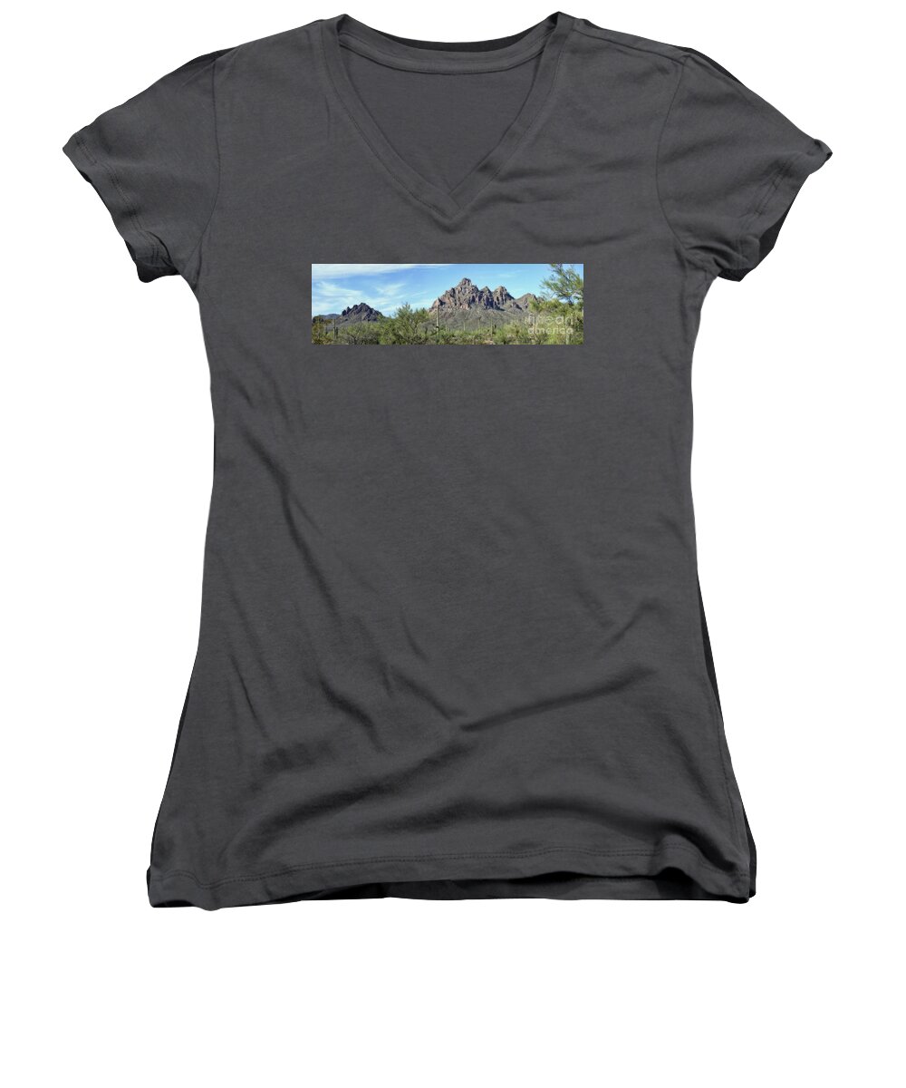 Desert Women's V-Neck featuring the photograph Ragged Top Mountain Panorama by Donna Greene