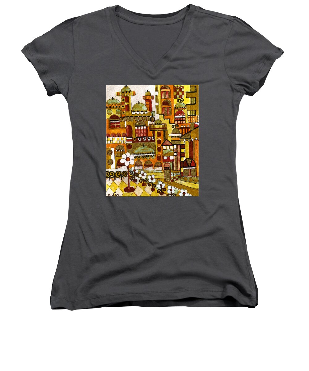 Red Women's V-Neck featuring the painting Red Kasba skyline landscape art of old town dome and minarett decorated with flower arch in orange by Rachel Hershkovitz