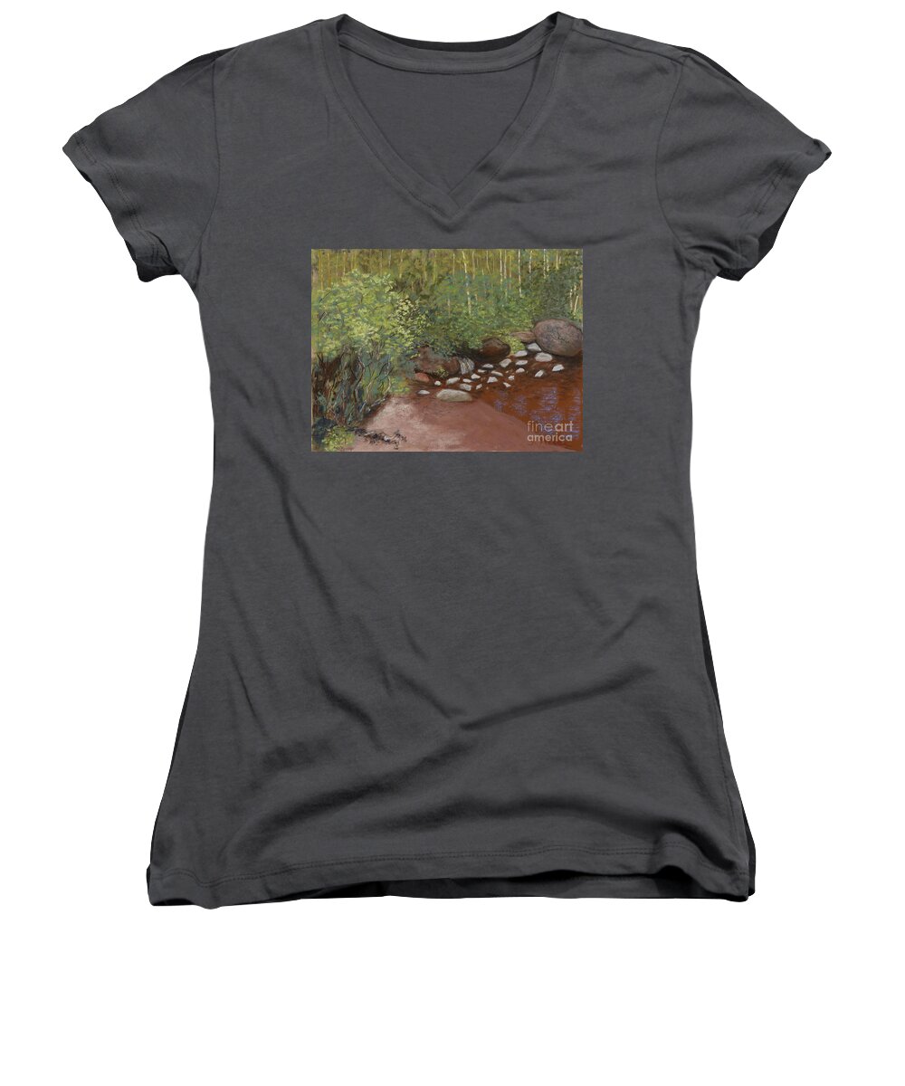 Stream Women's V-Neck featuring the pastel Rocky Mountain Creek by Ginny Neece