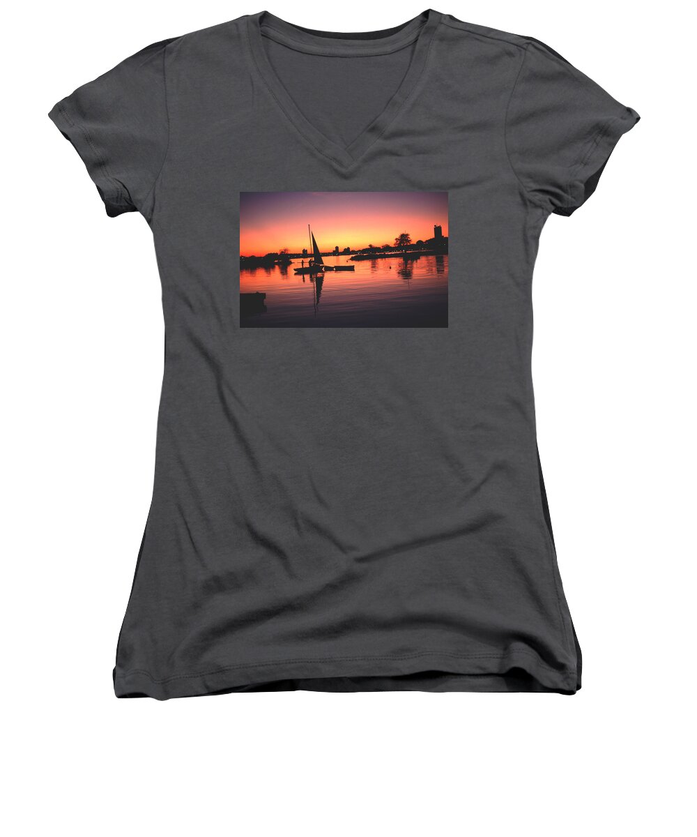 Pleasure Women's V-Neck featuring the photograph Sailing End of the Day BackBay Boston by Tom Wurl