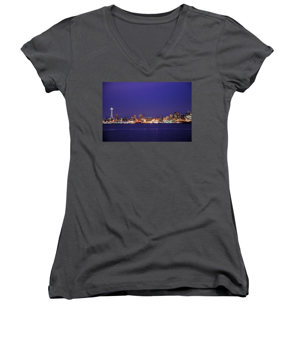 Seattle Women's V-Neck featuring the photograph Seattle at Dusk by Michael Merry