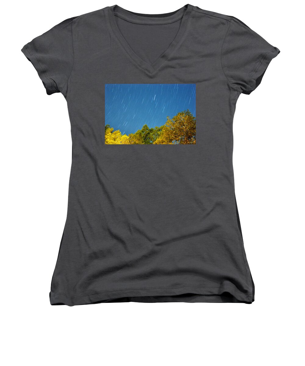 Night Women's V-Neck featuring the photograph Star Trails on a Blue Sky by Kay Lovingood