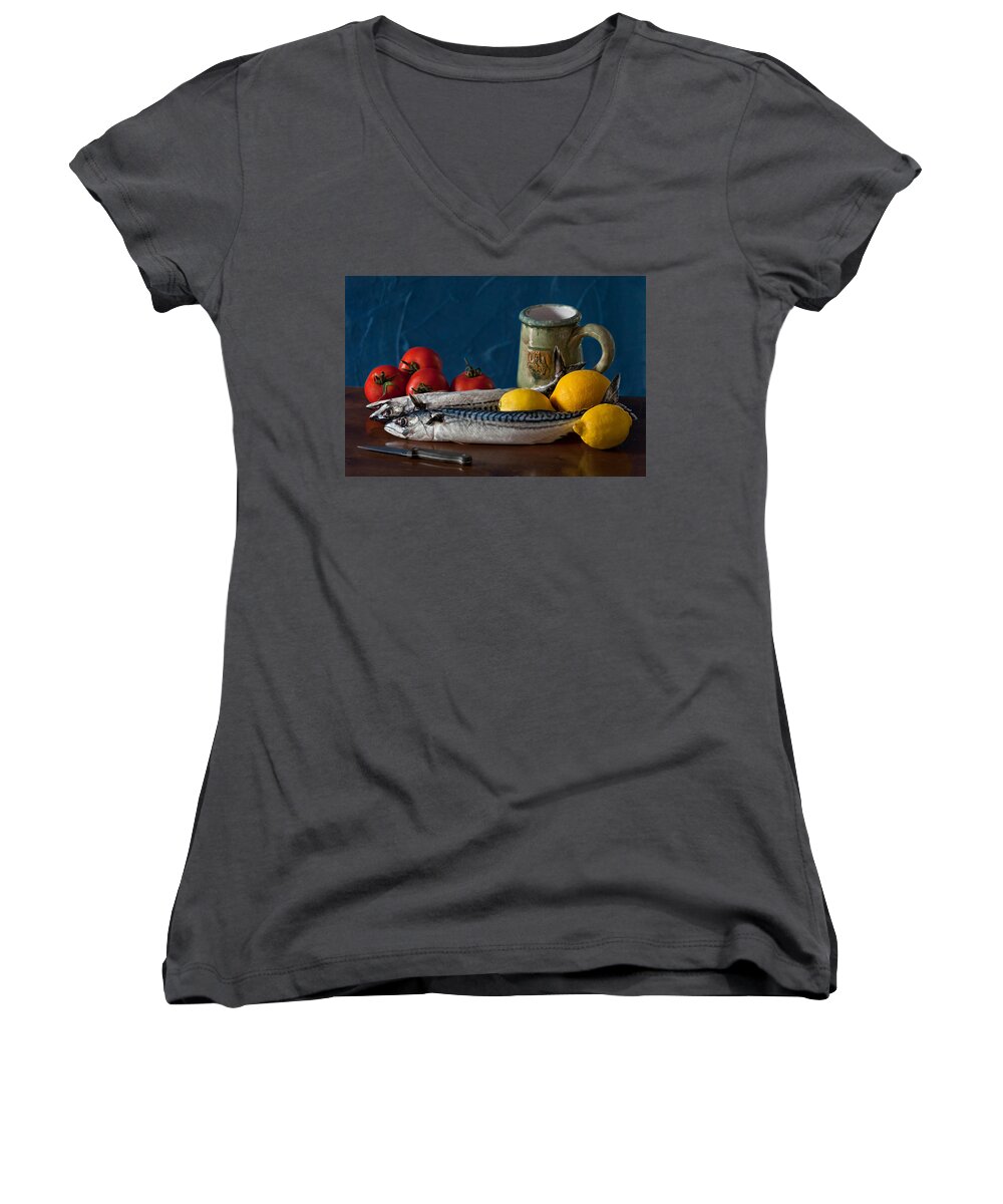 Still Life Women's V-Neck featuring the photograph Still life with mackerels lemons and tomatoes by Juan Carlos Ferro Duque