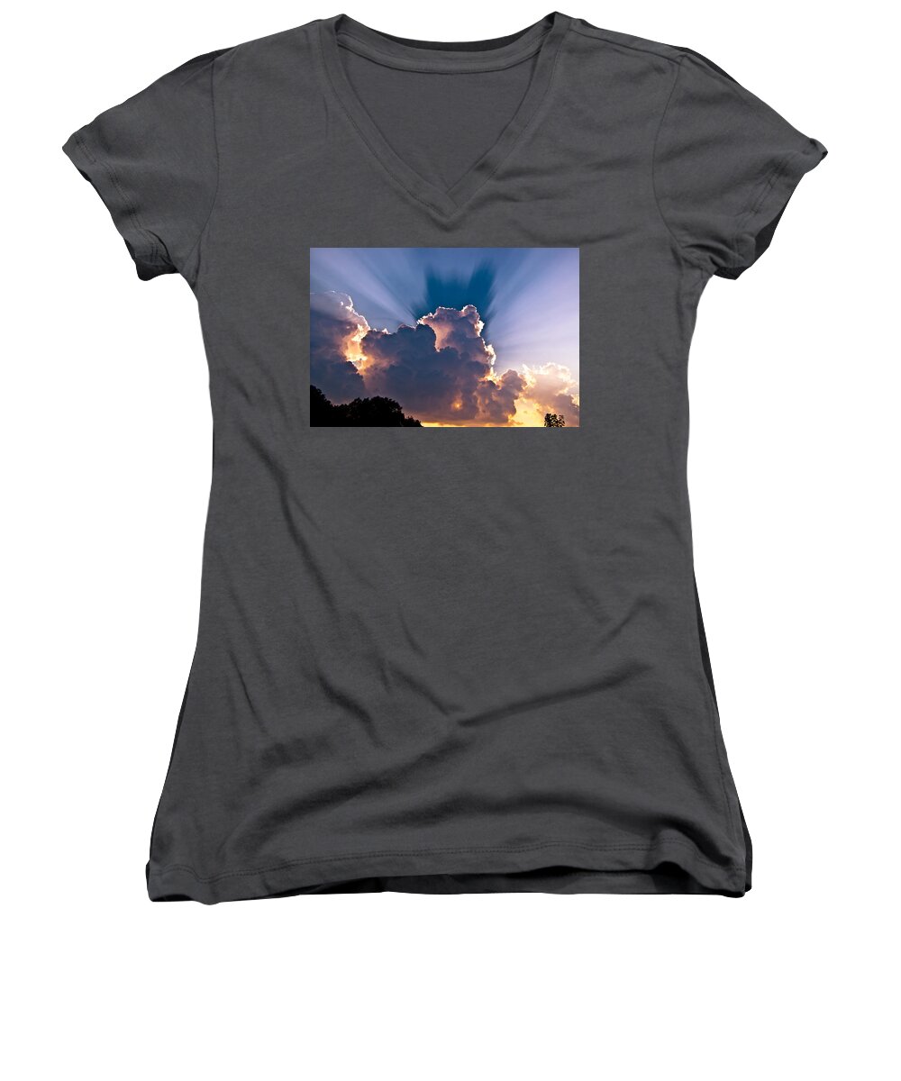 Sun Women's V-Neck featuring the photograph Sun Rays and Clouds by Amber Flowers