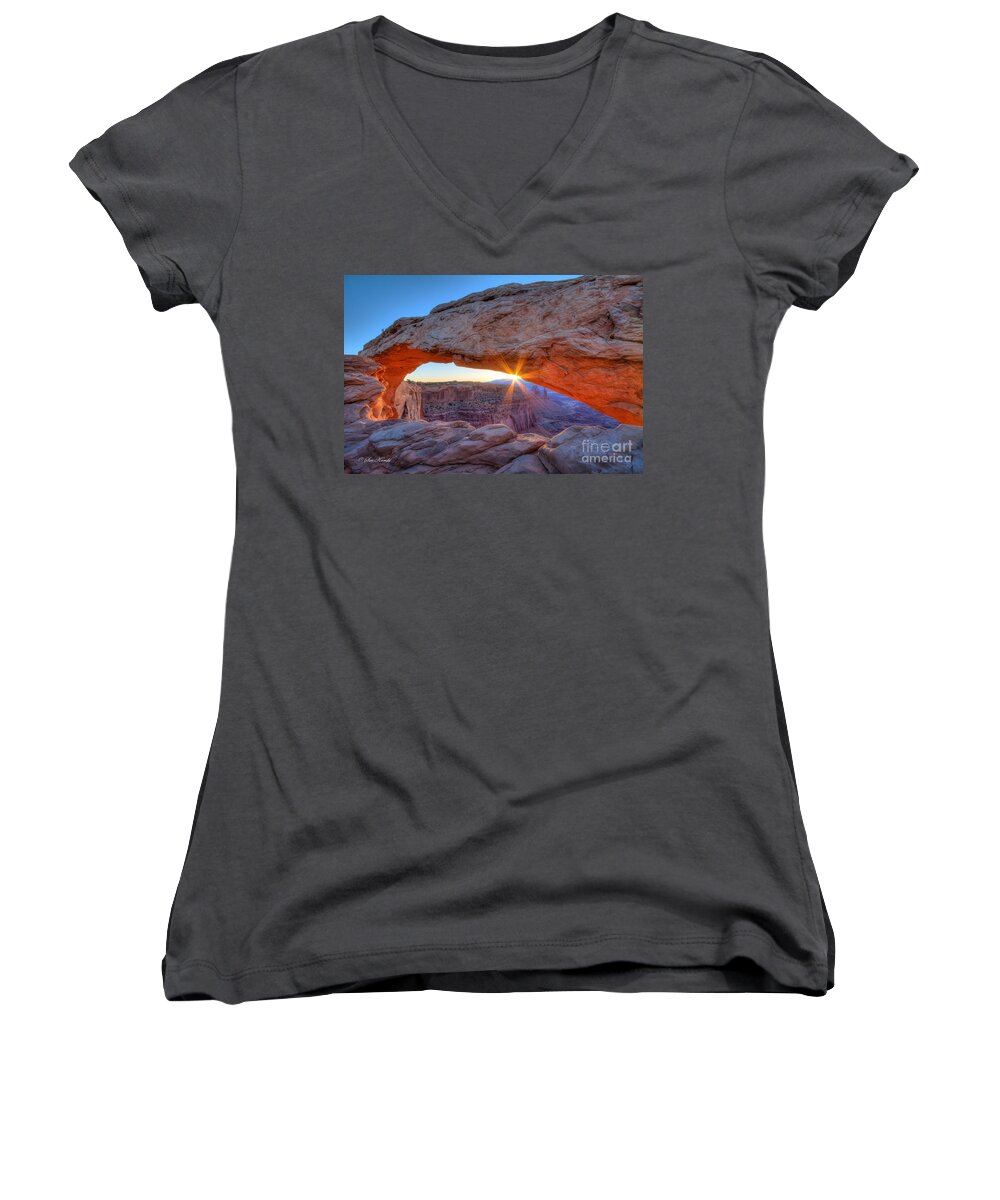 Arches National Park Women's V-Neck featuring the photograph Sunrise at Mesa Arch by Sue Karski