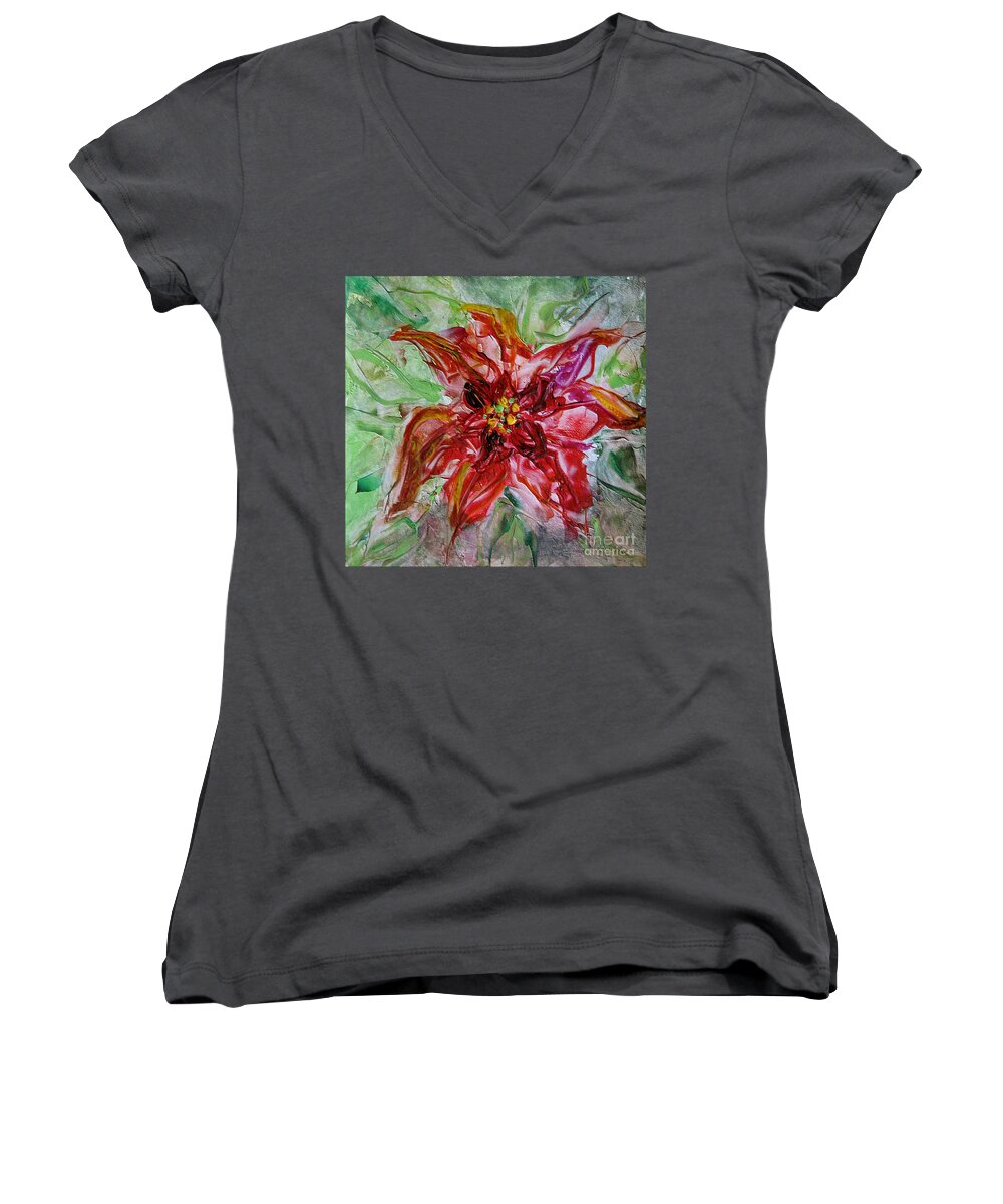 Christmas Women's V-Neck featuring the painting The christmas poinsettia by Dragica Micki Fortuna