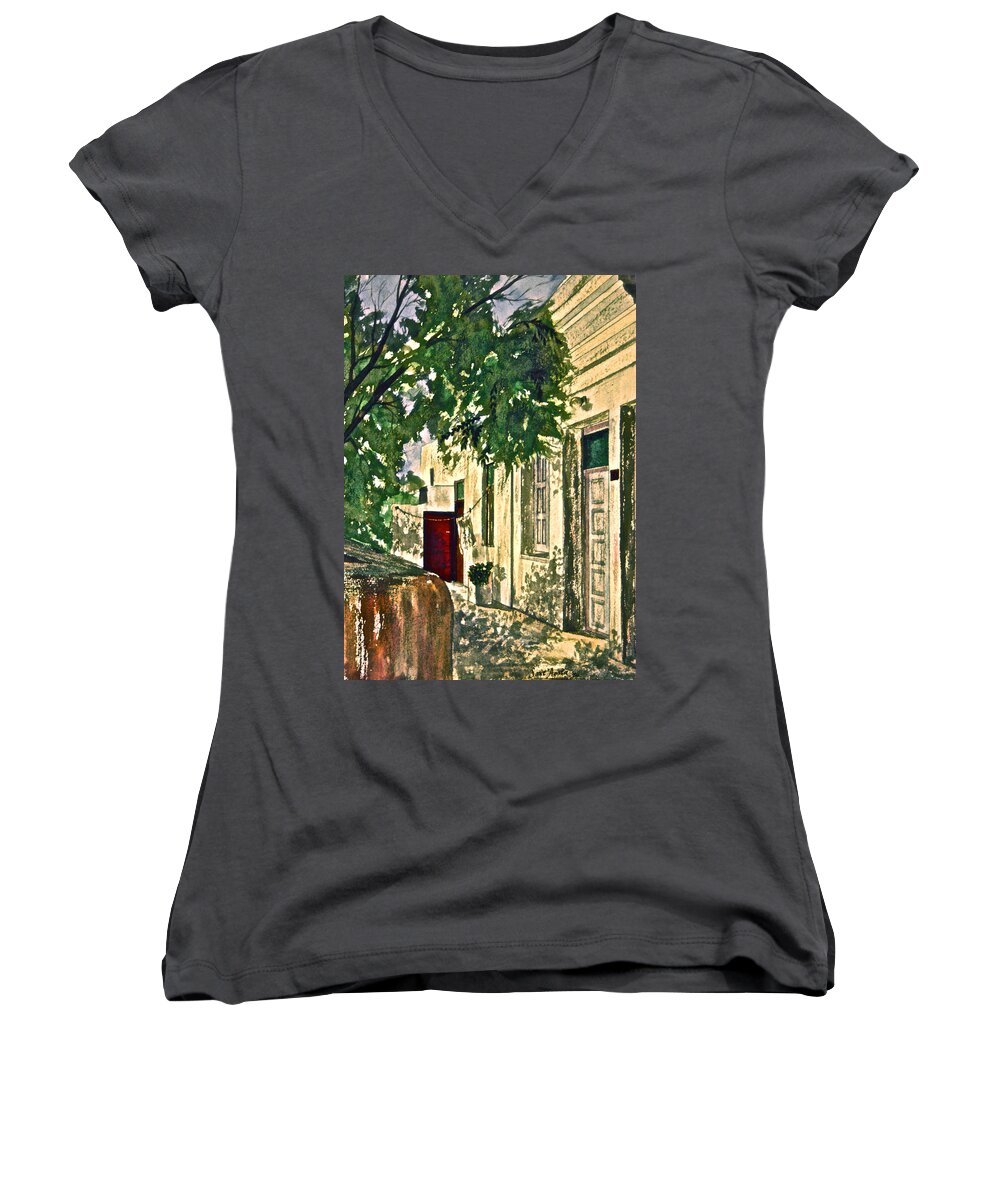 Mykonos Women's V-Neck featuring the photograph The Red Door by Frank SantAgata