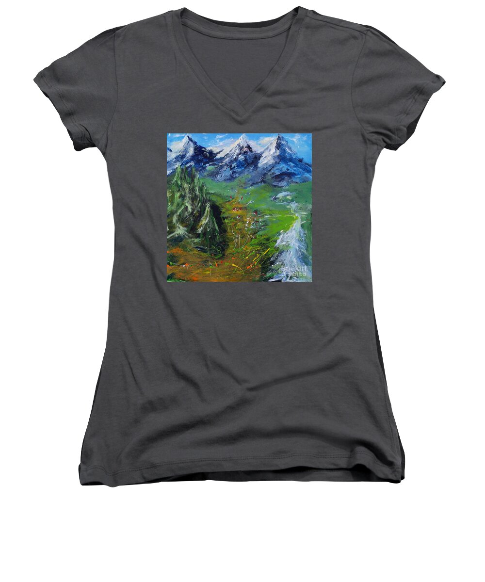 Mountains Women's V-Neck featuring the painting Three Mountains by Lidija Ivanek - SiLa