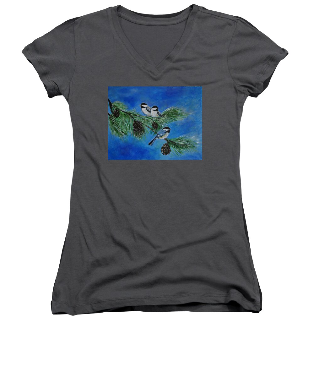 Chickadee Women's V-Neck featuring the painting Three Sweet Chickadees by Leslie Allen