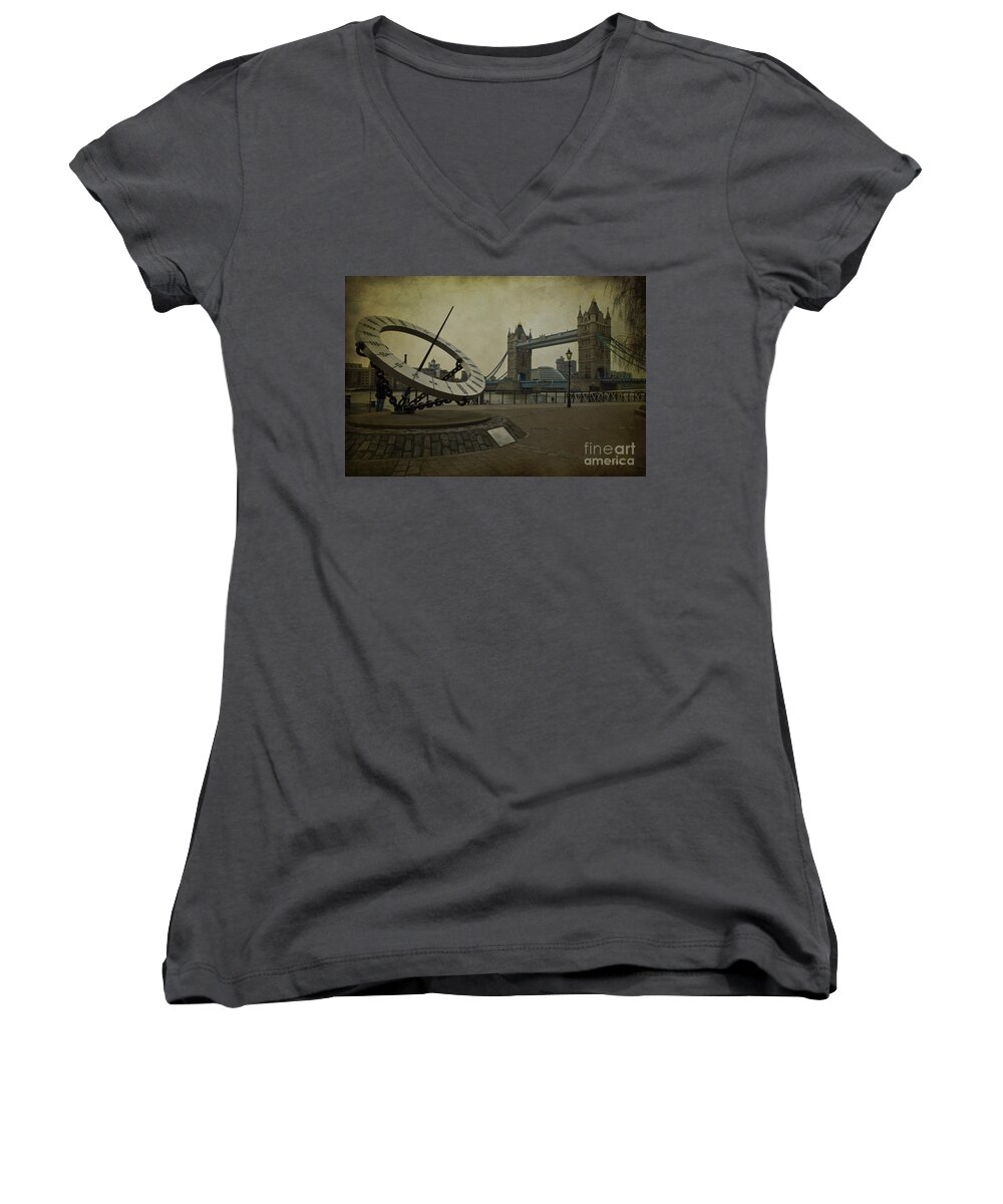 Tower Bridge Women's V-Neck featuring the photograph Timepiece. by Clare Bambers