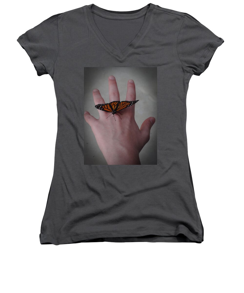 Monarch Women's V-Neck featuring the photograph Upon My Hand by Julia Wilcox