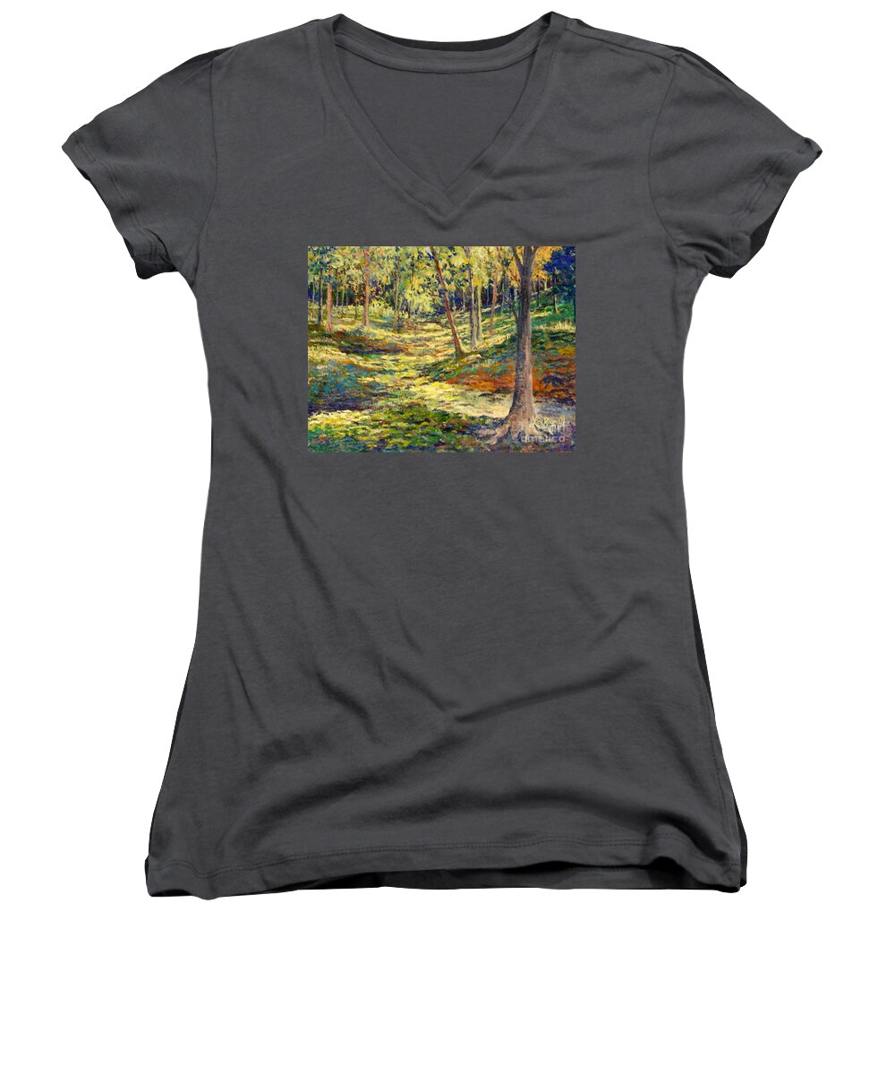 Woods Women's V-Neck featuring the painting Woods in Ohio by Lou Ann Bagnall