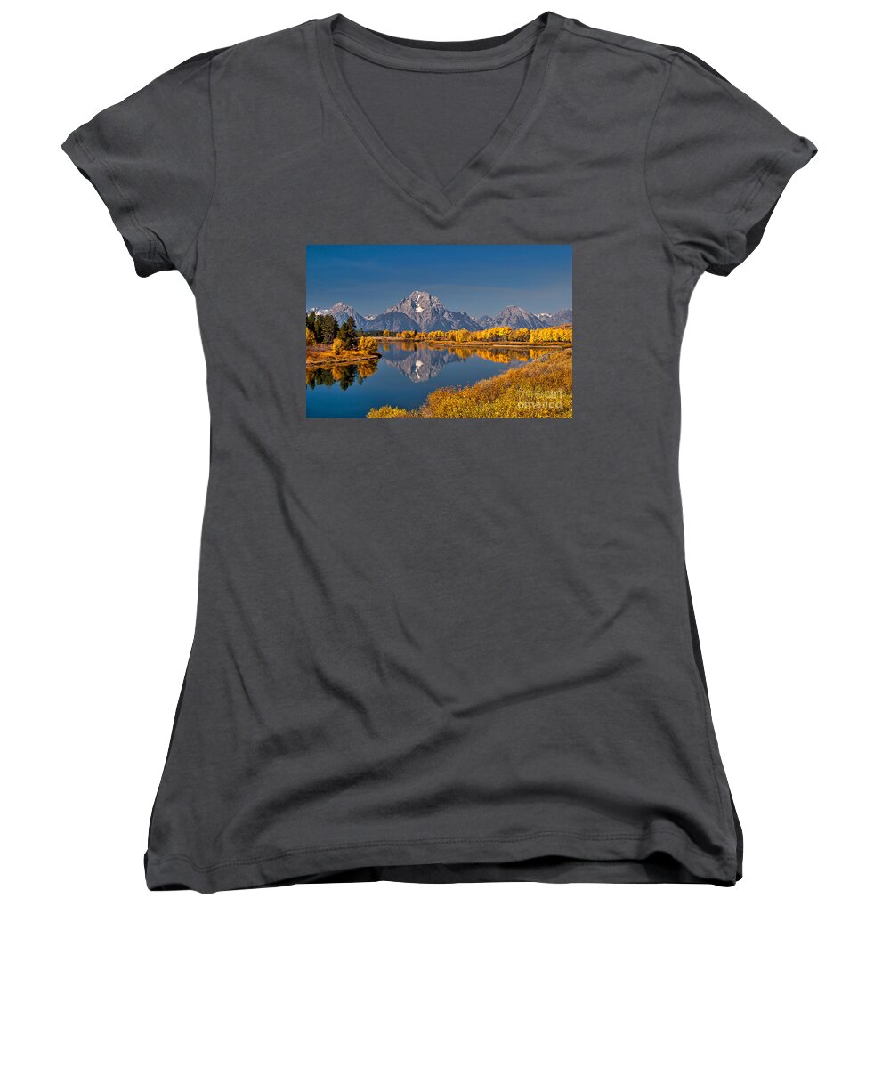 Oxbow Bend Women's V-Neck featuring the photograph Fall Colors at Oxbow Bend in Grand Teton National Park by Sam Antonio