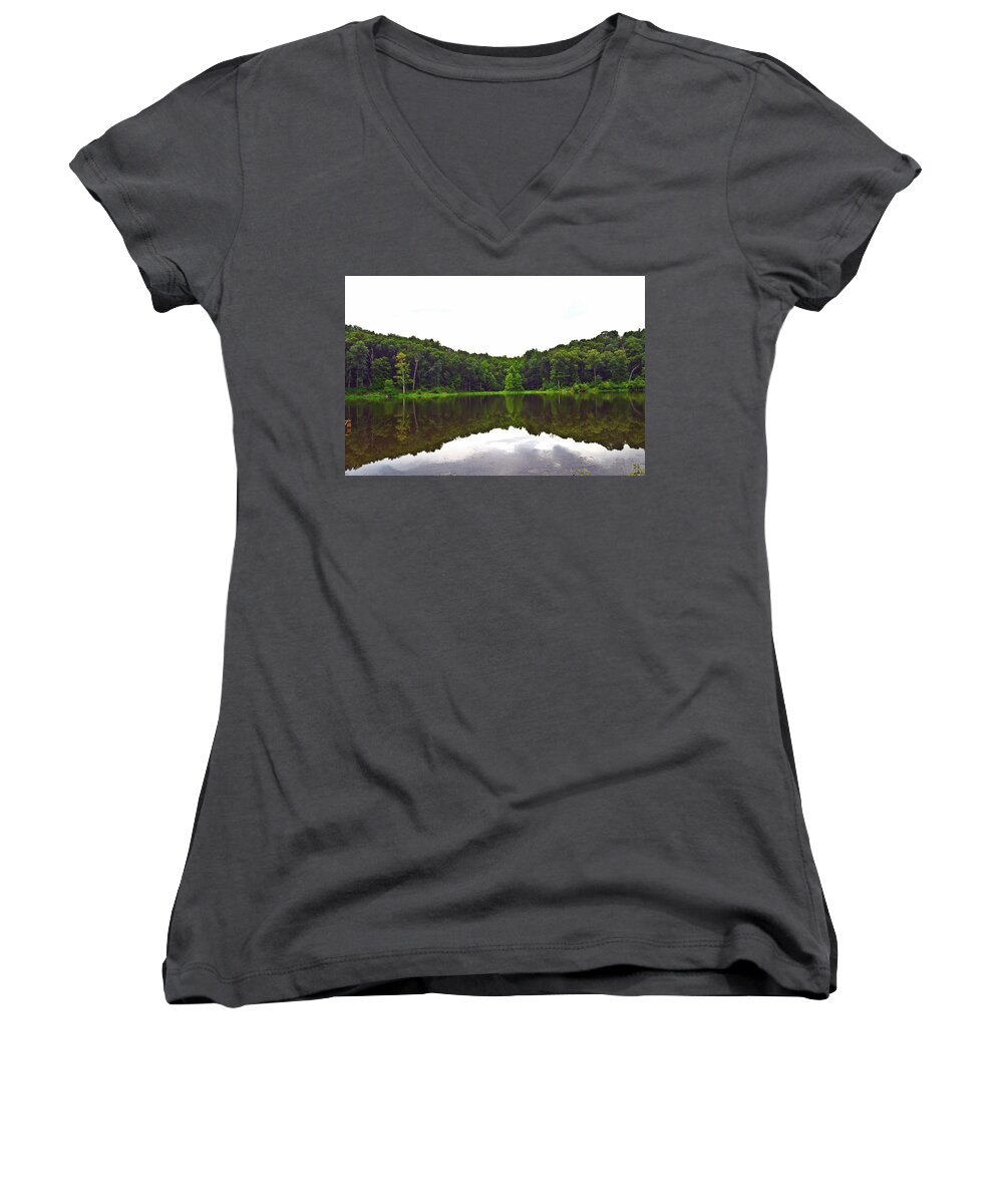 Forest Water Reflection. Green Women's V-Neck featuring the photograph Ferdinand Forest Reflection by Stacie Siemsen