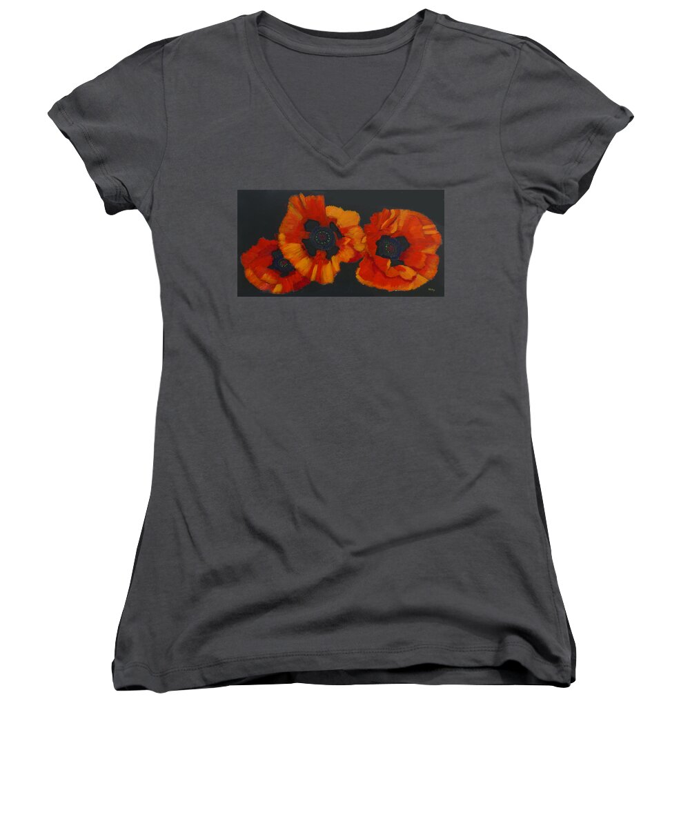 Flowers Women's V-Neck featuring the painting 3 Poppies #1 by Richard Le Page