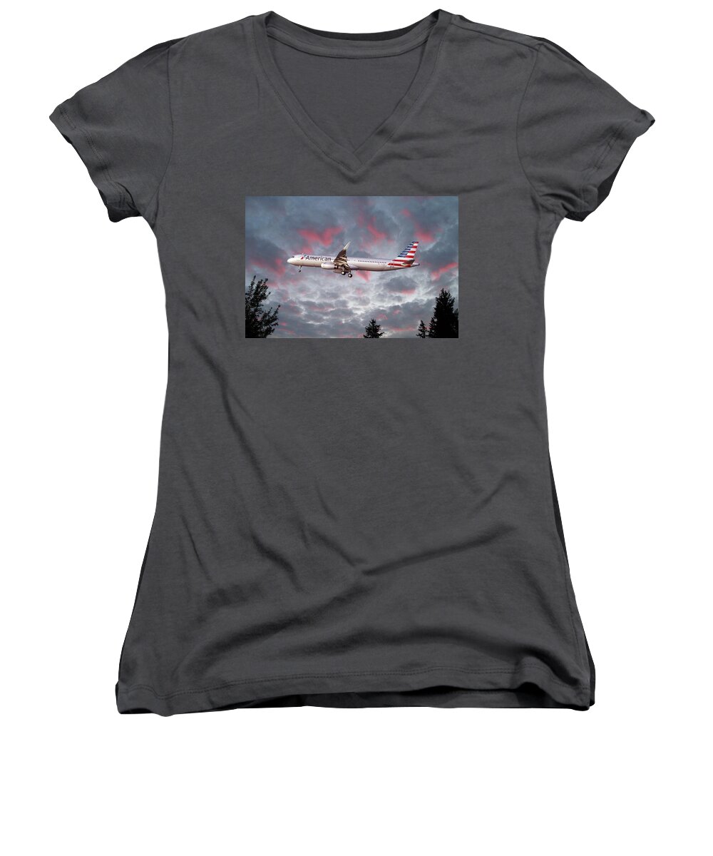 American Airlines Women's V-Neck featuring the digital art American Airlines Airbus A321 #1 by Airpower Art