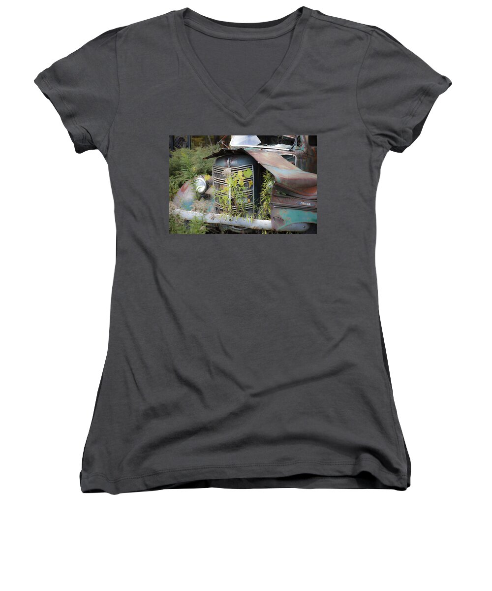 Charles Harden Women's V-Neck featuring the photograph Antique Mack Truck #1 by Charles Harden
