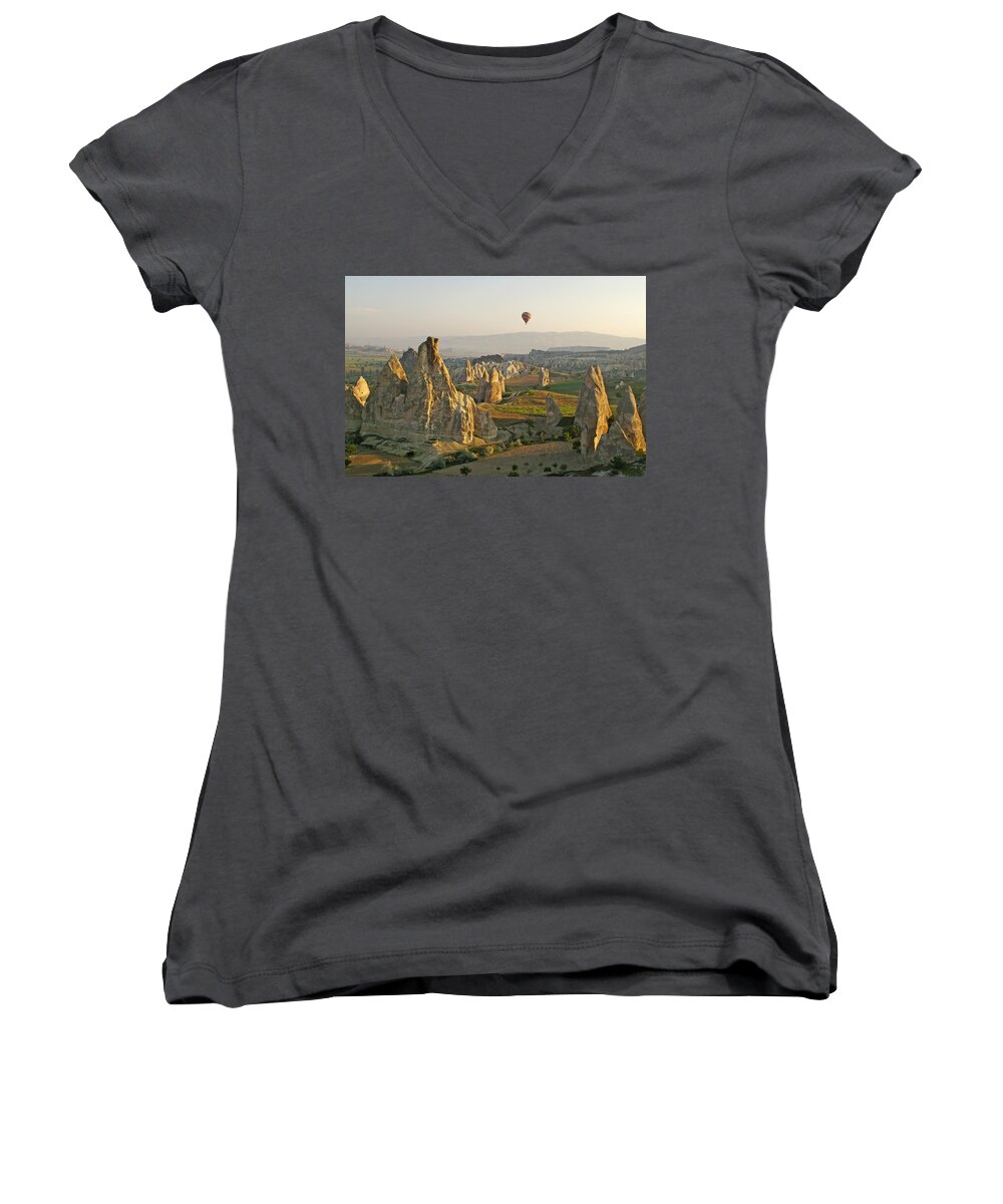Turkey Women's V-Neck featuring the photograph Ballooning in Cappadocia #1 by Michele Burgess