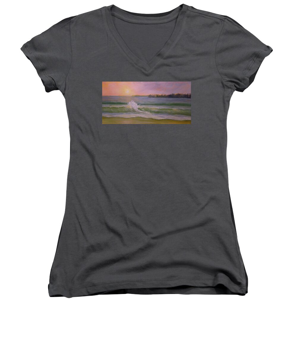 Beach Landscape Seascape Ocean Waves Sky Sun Maine Pemaquid Women's V-Neck featuring the painting Beach Day #1 by Scott W White