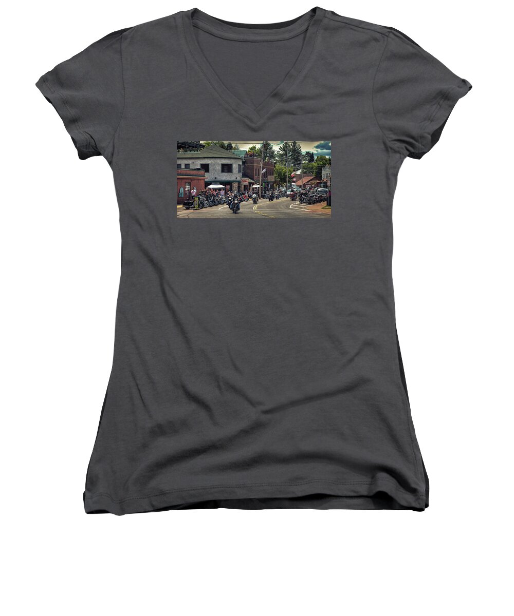 Bikes And Brews In The Adk Women's V-Neck featuring the photograph Bikes and Brews in the ADK #1 by David Patterson