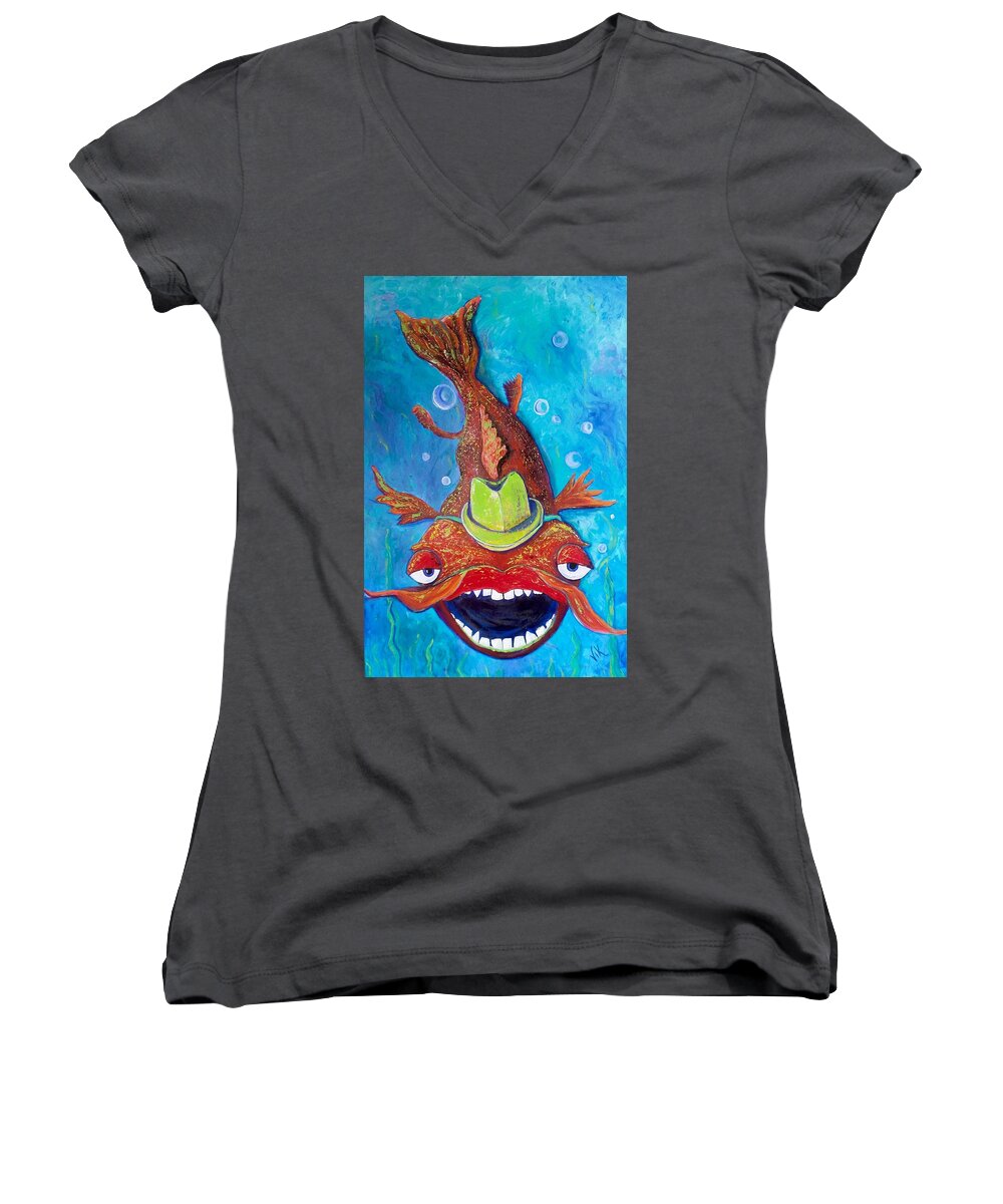 Fish Women's V-Neck featuring the painting Catfish Clyde #1 by Vickie Scarlett-Fisher
