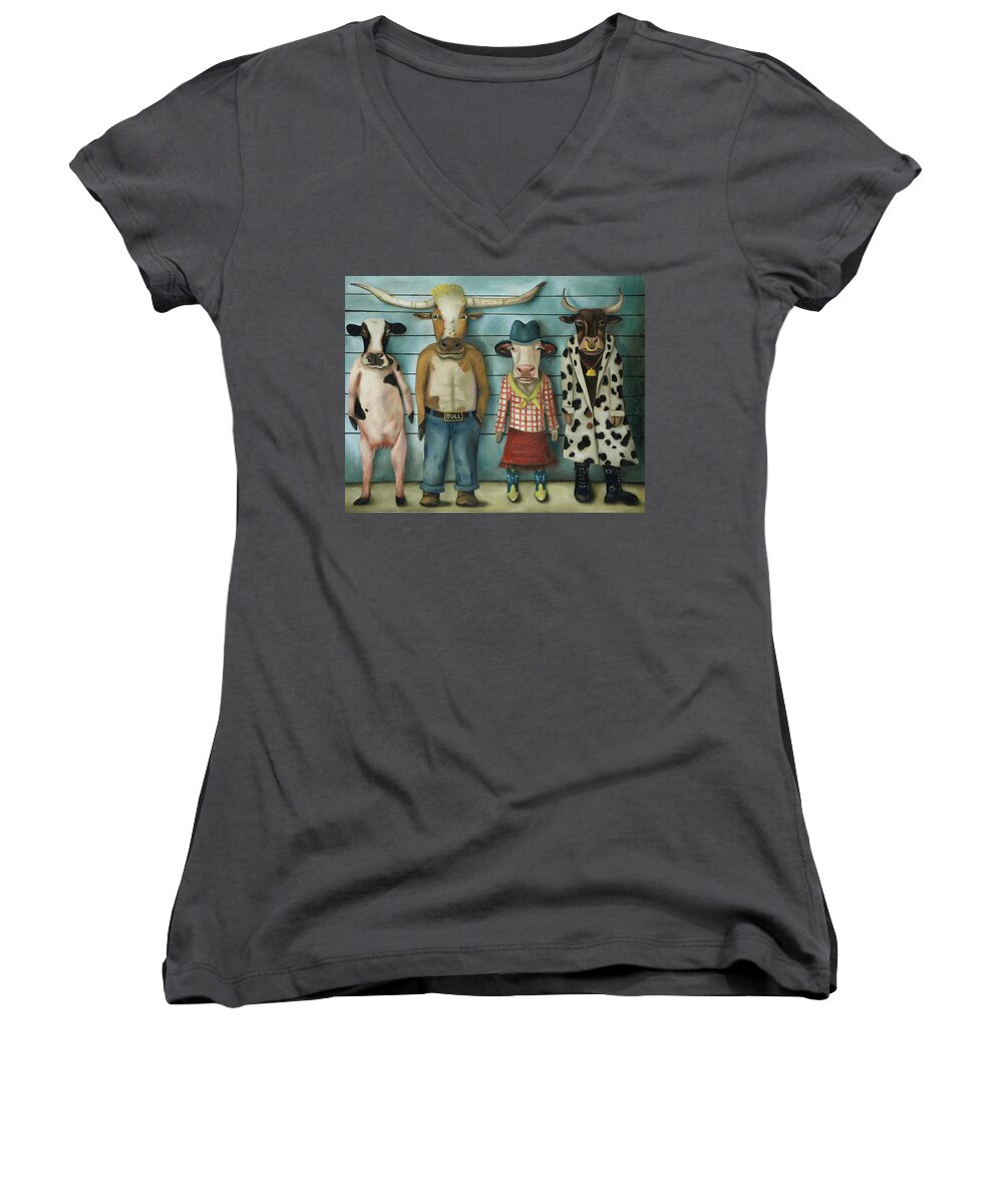 Cattle Women's V-Neck featuring the painting Cattle Line Up #1 by Leah Saulnier The Painting Maniac