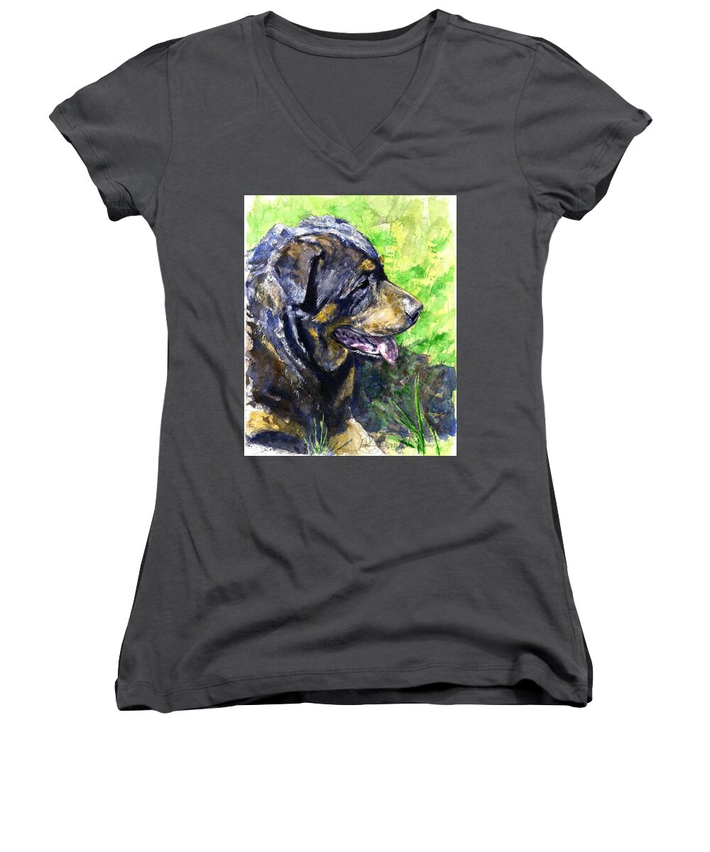Rottweiler Women's V-Neck featuring the painting Chaos by John D Benson