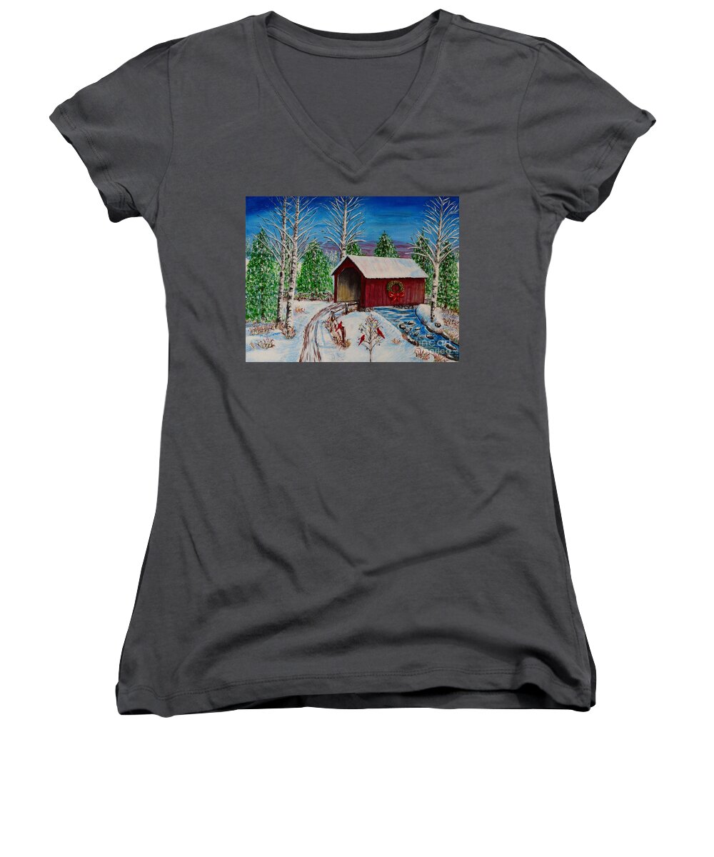 Snow Women's V-Neck featuring the painting Christmas Bridge #1 by Melvin Turner