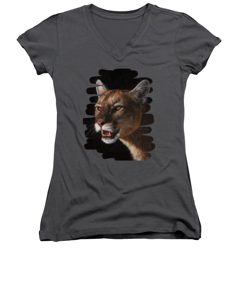 Cougar Women's V-Neck featuring the painting Cougar #1 by David Stribbling