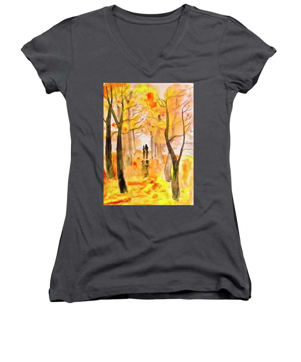Art Women's V-Neck featuring the painting Couple on autumn alley, painting #1 by Irina Afonskaya
