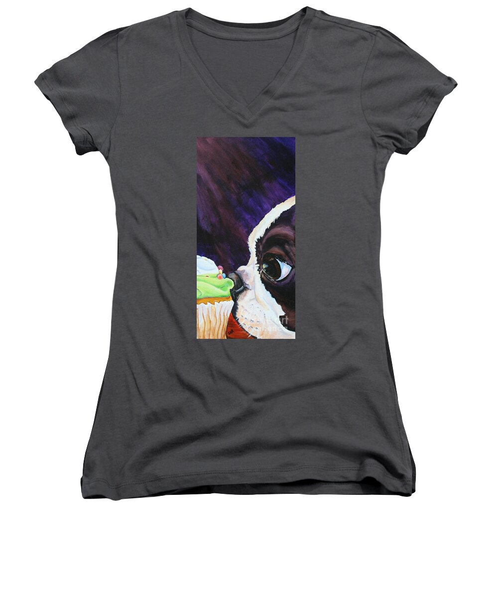 Boston Terrier Women's V-Neck featuring the painting Cupcake Kid #1 by Susan Herber