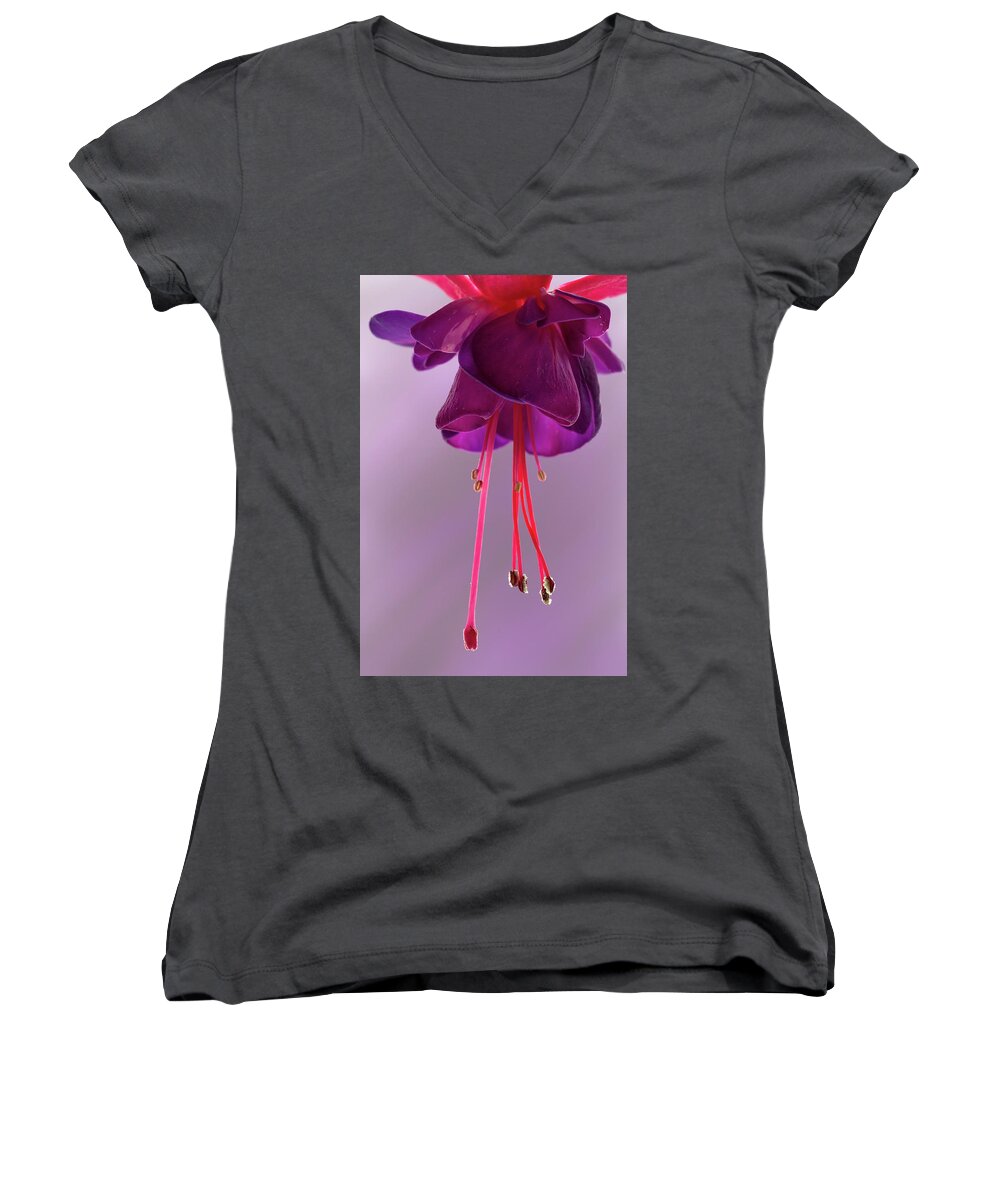 Flora Women's V-Neck featuring the photograph Dance of the Fuschia #1 by Shirley Mitchell