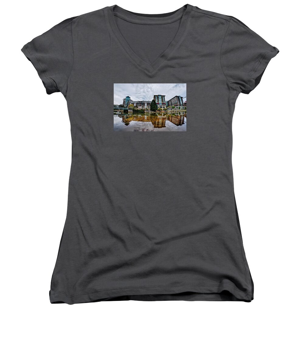 Downtown Women's V-Neck featuring the photograph Downtown Of Greenville South Carolina Around Falls Park #1 by Alex Grichenko