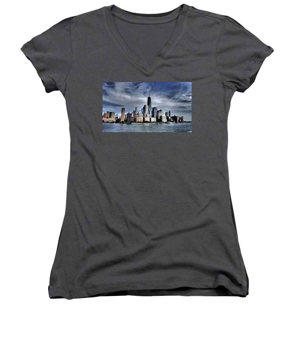 Dramatic Women's V-Neck featuring the photograph Dramatic New York City #1 by Susan Jensen