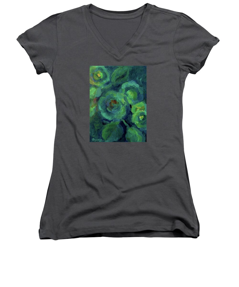 Floral Women's V-Neck featuring the painting Early Dawn #2 by Mary Wolf